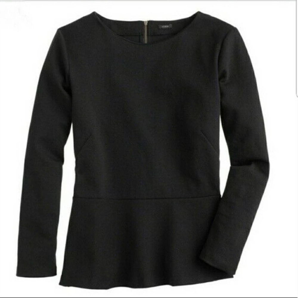 J.Crew Women's Ponte Peplum Blouse Long Sleeved Top Zipper Back Black Small